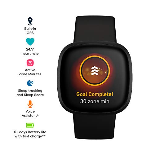 Fitbit Versa 3 Health & Fitness Smartwatch with GPS, 24/7 Heart Rate, Alexa Built-in, 6+ Days Battery, One Size (S & L Bands Included)
