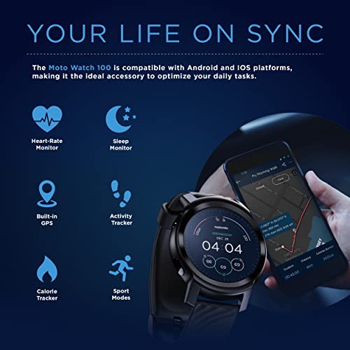 Motorola Moto Watch 100 Smartwatch - 42mm Smartwatch with GPS for Men & Women, Up to 14 Day Battery, 24/7 Heart Rate, SpO2, 5ATM Water Resistant, AOD, Android & iOS Compatible