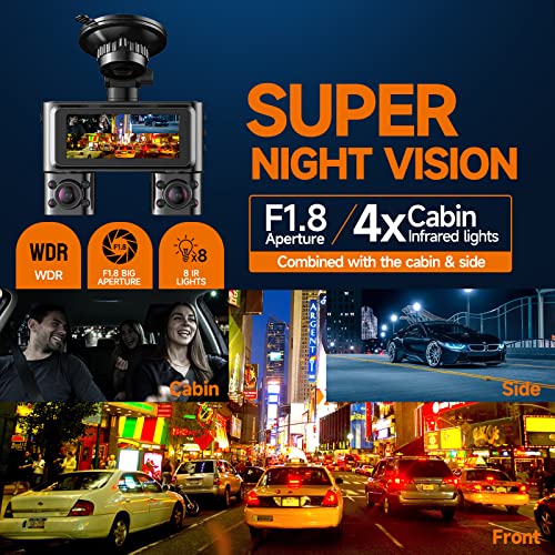 HUPEJOS V7 360° Dash Cam, 4 Channel Quad Camera FHD 1080P*4 Front, Left, Right, and Rear with WiFi, Adjustable Lens Dash Camera for Cars with Night Vision, Free 128GB Card，24 Hours Radar Parking Mode