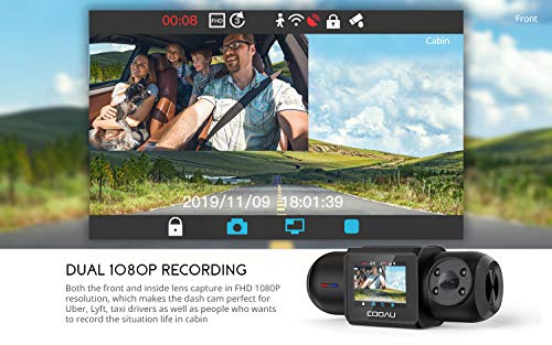 COOAU Dash Cam, 64GB SD Card Included, 1080P FHD Built-in GPS Wi-Fi, Front and Inside Car Camera Recorder for Uber with Infrared Night Vision, Sony Sensor, 4 IR LEDs，G-Sensor, Parking Mode