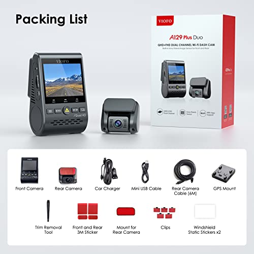 VIOFO Dash Cam Front and Rear 2K 1440P 60fps +1080P 30fps Dual Dash Camera with Wi-Fi GPS, Emergency Recording, Motion Detection, 24h Parking Mode, Super Capacitor (A129 Plus Duo)