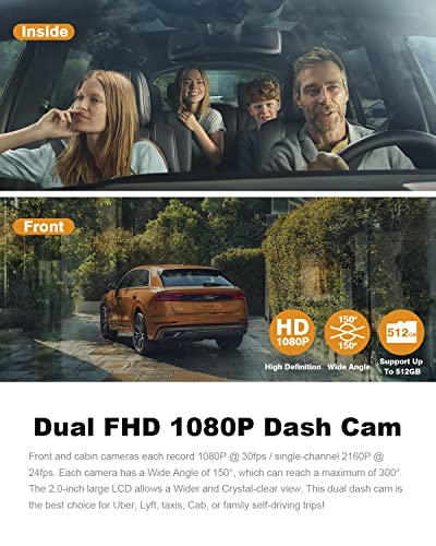PRUVEEO Dash Cam, Front and Inside 1080P Dual FHD, Single-Channel 2160P, Built-in GPS WiFi, 24H Parking Monitor, 2 Inch LCD Camera, 512 Gb Max, G-Sensor, Infrared Night Vision for Cars and Taxi