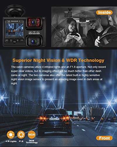 PRUVEEO Dash Cam, Front and Inside 1080P Dual FHD, Single-Channel 2160P, Built-in GPS WiFi, 24H Parking Monitor, 2 Inch LCD Camera, 512 Gb Max, G-Sensor, Infrared Night Vision for Cars and Taxi