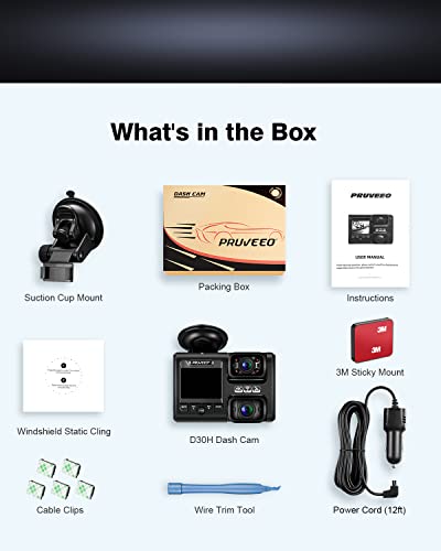 PRUVEEO Dash Cam, Front and Inside 1080P Dual FHD, Single-Channel 2160P, Built-in GPS WiFi, 24H Parking Monitor, 2 Inch LCD Camera, 512 Gb Max, G-Sensor, Infrared Night Vision for Cars and Taxi