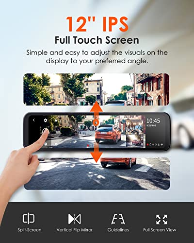 Vantrue M3 2K 3 Channel Mirror Dash Cam, 12" Touchscreen Front Rear and Inside Car Camera Waterproof Backup Camera with IR Night Vision, GPS, 24 Hours Parking Mode, Parking Assist, Supports 512G Max