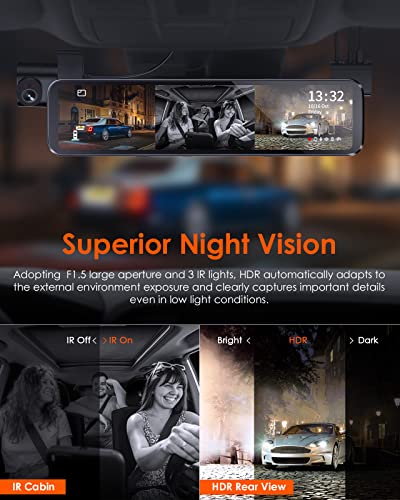Vantrue M3 2K 3 Channel Mirror Dash Cam, 12" Touchscreen Front Rear and Inside Car Camera Waterproof Backup Camera with IR Night Vision, GPS, 24 Hours Parking Mode, Parking Assist, Supports 512G Max