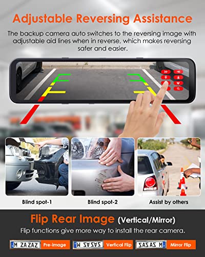 Vantrue M3 2K 3 Channel Mirror Dash Cam, 12" Touchscreen Front Rear and Inside Car Camera Waterproof Backup Camera with IR Night Vision, GPS, 24 Hours Parking Mode, Parking Assist, Supports 512G Max