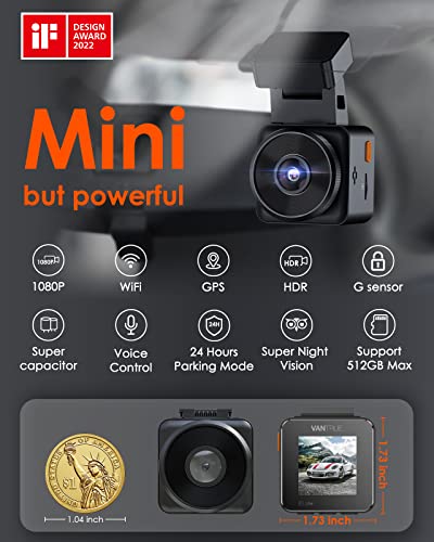 Vantrue E1 2.5K WiFi GPS Mini Dash Cam 1944P Voice Control Car Dash Camera with Super Night Vision, 24 Hours Parking Mode, Buffered Motion Detection, Wireless Controller, Support 512GB Max