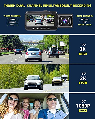 WiFi Dash Cam with 64GB U3 SD Card 4K Car Camera GPS Speed 3 Channel Dash Camera Front and Rear Inside 2K+1080P+2K IR Night Vision,170° Wide Angle,WDR Type-C Port,Emergency Lock, Parking Monitor