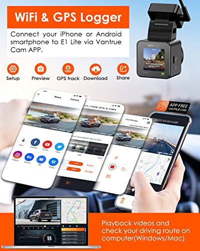 Vantrue E1 2.5K WiFi GPS Mini Dash Cam 1944P Voice Control Car Dash Camera with Super Night Vision, 24 Hours Parking Mode, Buffered Motion Detection, Wireless Controller, Support 512GB Max