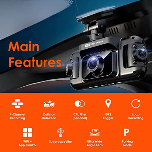 RexingUSA R4-4 Channel Dash Cam W/All Around 1080p Resolution, Wi-Fi, GPS, IR Night Vision, Parking Mode, Collision Detection, Type-C Port