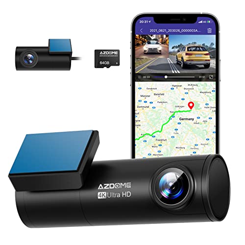 AZDOME 4K Dash Cam Front and Rear, Built in 5G WiFi & GPS & Voice Control M300S Dual Dashcams for Cars, Car Camera with UHD 2160P, Night Vision, WDR, G-Sensor, Parking Monitor, 64GB SD Card Included