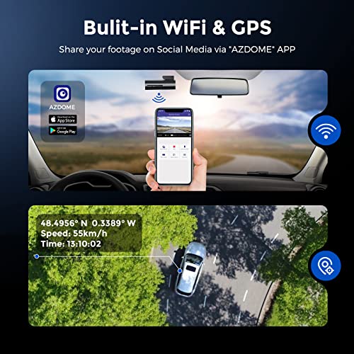 AZDOME 4K Dash Cam Front and Rear, Built in 5G WiFi & GPS & Voice Control M300S Dual Dashcams for Cars, Car Camera with UHD 2160P, Night Vision, WDR, G-Sensor, Parking Monitor, 64GB SD Card Included