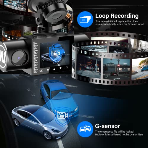FocuWay Dash Cam Front and Rear Dual 1080P Two Channels with IR Night Vision Car Camera SD Card Included Dashboard Camera Dashcam for Cars HDR Motion Detection and G-Sensor for Car, Taxi