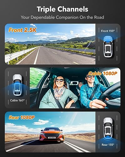 WOLFBOX i07 Dash Cam, 3 Channel Dash Cam with WiFi GPS, 4K+1080P Dash Camera Front and Inside, 2.5K 1600P+1080P+1080P Dashcam Front Rear and Cabin, 3" LCD Super IR Night Vision, Smart Parking Monitor
