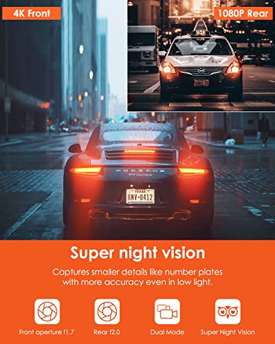 Vantrue 4K+1080P WiFi Dash Cam Front and Rear, 5G Dual Dash Camera with Free APP, 24/7 Parking Mode, Super Night Vision, Motion Detection, 1080P 120FPS, Capacitor, Support 512GB Max