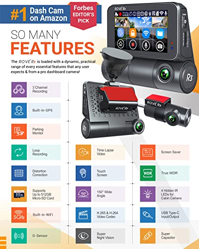 Rove R3 Dash Cam, 3” IPS Touch Screen, 3 Channel Dash Cam Front and Rear with Cabin, 5.0 GHz WiFi, Built-in GPS, 2K-1440P+1080P+1080P, 24-HR Parking Monitor, Supercapacitor, Supports up to 512GB Max