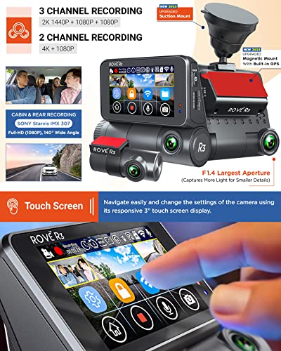 Rove R3 Dash Cam, 3” IPS Touch Screen, 3 Channel Dash Cam Front and Rear with Cabin, 5.0 GHz WiFi, Built-in GPS, 2K-1440P+1080P+1080P, 24-HR Parking Monitor, Supercapacitor, Supports up to 512GB Max