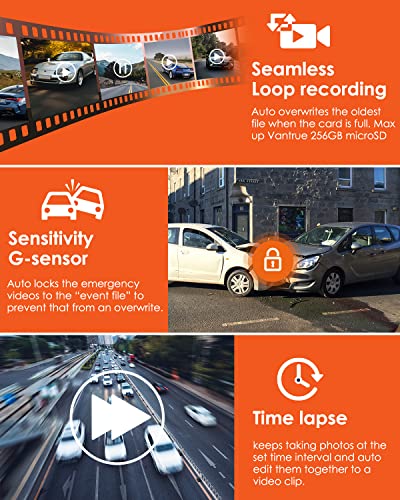 Vantrue 4K+1080P WiFi Dash Cam Front and Rear, 5G Dual Dash Camera with Free APP, 24/7 Parking Mode, Super Night Vision, Motion Detection, 1080P 120FPS, Capacitor, Support 512GB Max
