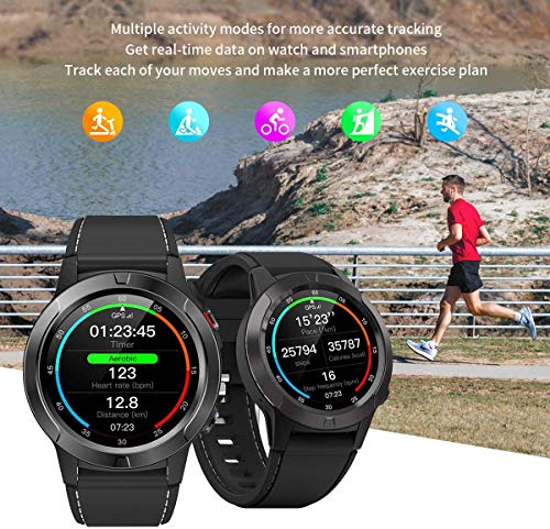 GPS Bluetooth Call Smart Watch for Android Phones, Men Smartwatch with Heart Rate Monitor, Pedometer, Notifications, Compass, Barometer, Altitude, Rubber Bands, Round Face, 2020
