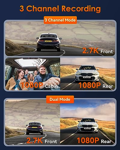 Vantrue E3 2.5K 3 Channel WiFi GPS Dash Cam, 3 Way Front and Rear Inside Dash Camera for Car, 1944P+1080P+1080P, Voice Control, IR Night Vision, 24Hrs Parking Mode, Motion Detection, Support 512GB Max