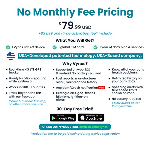 Vyncs - GPS Tracker for Vehicles, [No Monthly Fee], 4G LTE, Vehicle Location, Trip History, Driving Alerts, GeoFence, Fuel Economy, OBD Fault Codes, USA-Developed, Family or Fleets