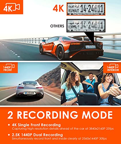 Vantrue N2S 4K Dash Cam with GPS, Front and Inside Dual 2.5K 1440P Dash Camera with GPS, IR Night Vision Uber Car Camera, 24/7 Recording Parking Mode, Motion Detection, 256GB Supported