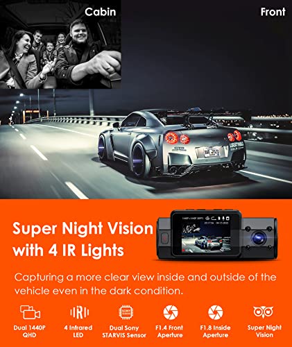 Vantrue N2S 4K Dash Cam with GPS, Front and Inside Dual 2.5K 1440P Dash Camera with GPS, IR Night Vision Uber Car Camera, 24/7 Recording Parking Mode, Motion Detection, 256GB Supported