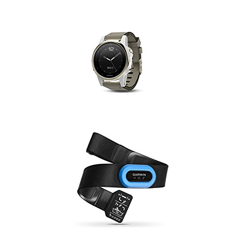 Garmin Fenix 5S Sapphire - Champagne with Gray Suede and White Band and HRM-Tri Heart Rate Monitor