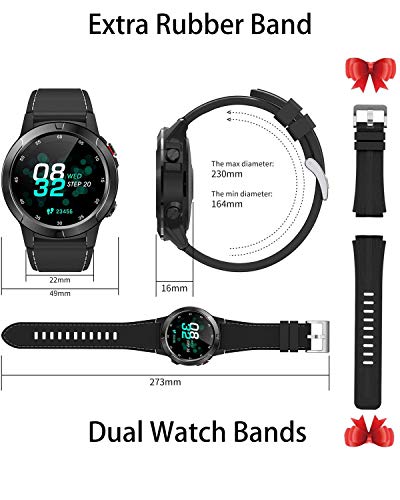 Smart Watch for Android Phones, GPS Smartwatch for Men with Heart Rate and BP Monitor, Pedometer, Text Call Notification, Compass, Barometer, Altitude, Leather and Rubber Bands, Round Face, 2021