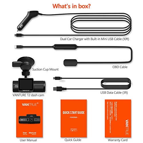 VANTRUE T2 1080P 24/7 Recording Dash Cam with Motion Detection Parking Mode, 2'' LCD Car Camera with Capacitor, Night Vision, OBD Hardwired Cable, G-Sensor, Loop Recording, Support 256GB Max