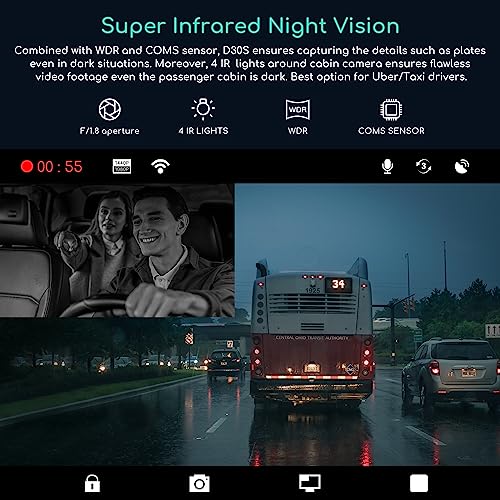 1440P QHD Built-in GPS Wi-Fi Dash Cam, Front and Inside Car Camera Recorder with Infrared Night Vision, Supercapacitor, 4 IR LEDs，G-Sensor, Parking Mode, Loop Recording (D30S)