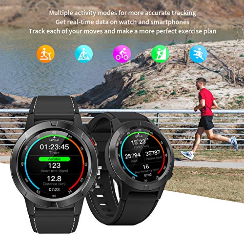 Smart Watch for Android Phones, GPS Smartwatch for Men with Heart Rate and BP Monitor, Pedometer, Text Call Notification, Compass, Barometer, Altitude, Leather and Rubber Bands, Round Face, 2021