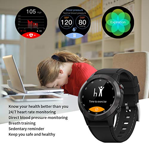Smart Watch for Android Phones, GPS Smartwatch for Men with Heart Rate and BP Monitor, Pedometer, Text Call Notification, Compass, Barometer, Altitude, Leather and Rubber Bands, Round Face, 2021