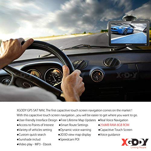 Xgody GPS Truck GPS Navigation System with 8GB Sunshade 7 Inch Spoken Turn-by-Turn Directions Speed Limit Displays Capacitive Touch Screen SAT Navigator with US Lifetime Maps Updated