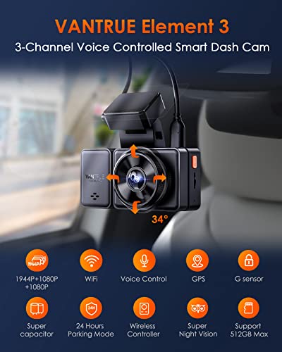 Bundle: Vantrue E3 3 Channel WiFi Dash Cam with GPS Speed+Type C Hardwire kit+258GB SD Card