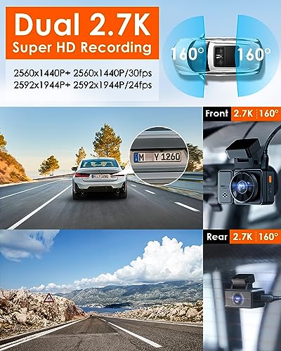 Vantrue E2 Dual 2.5K Front and Rear Dash Cam with 5G WiFi, GPS & Voice Control, 1944P+1944P Car Camera, 24hrs Buffered Parking Mode, Enhanced Night Vision, Motion Detection, Capacitor, Support 512GB