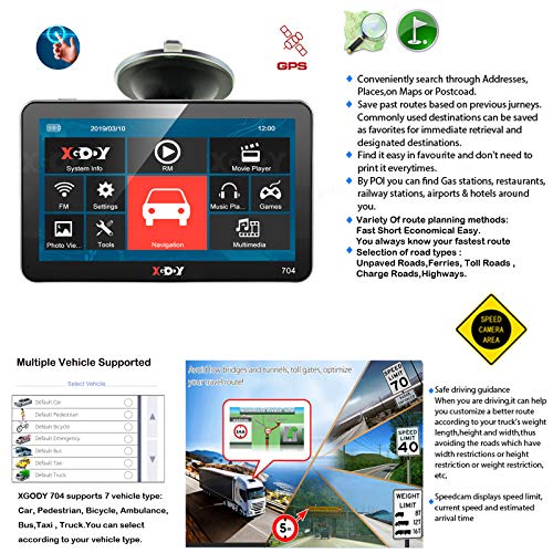Xgody GPS Truck GPS Navigation System with 8GB Sunshade 7 Inch Spoken Turn-by-Turn Directions Speed Limit Displays Capacitive Touch Screen SAT Navigator with US Lifetime Maps Updated