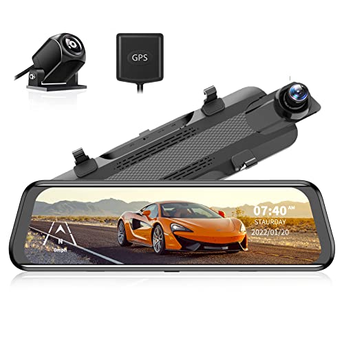 WOLFBOX 2.5K Mirror Dash Cam with GPS, 10" Full Touch Screen Rear View Mirror Camera with Waterproof Backup Camera, Dual Dash Camera Front and Rear for Car, Rearview Car Camera with Night Vision
