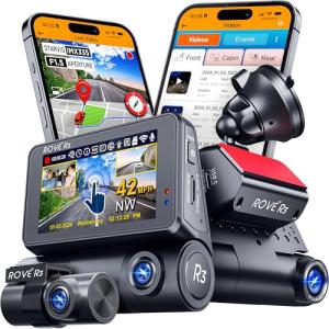 Rove R3 Dash Cam, 3” IPS Touch Screen, 3 Channel Dash Cam Front and Rear with Cabin, 5.0 GHz WiFi, Built-in GPS, 2K-1440P+1080P+1080P, 24-HR Parking Monitor, Supercapacitor, Supports up to 512GB Max