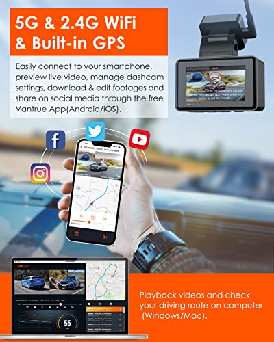 Vantrue E2 Dual 2.5K Front and Rear Dash Cam with 5G WiFi, GPS & Voice Control, 1944P+1944P Car Camera, 24hrs Buffered Parking Mode, Enhanced Night Vision, Motion Detection, Capacitor, Support 512GB