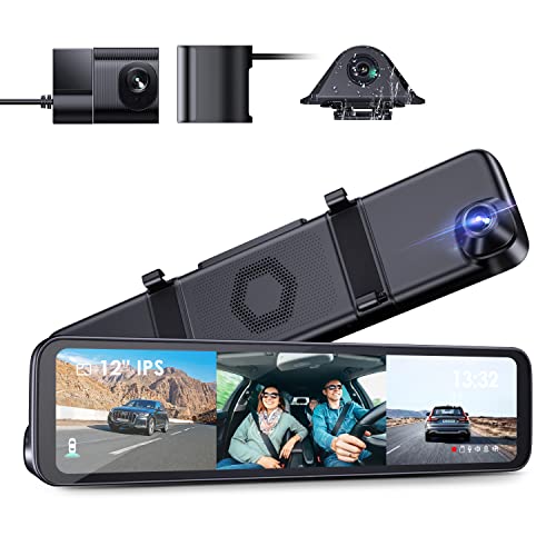Vantrue M3 2K 3 Channel Mirror Dash Cam, 12" Touchscreen Front Rear and Inside Car Camera Waterproof Backup Camera with IR Night Vision, GPS, 24 Hours Parking Mode, Parking Assist, Supports 512G Max