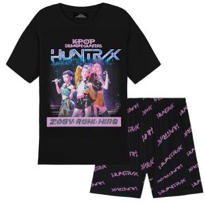 KPop Demon Hunters Officially Licensed Huntrix 2-Pc Pajamas Set Girls 5–14 Yrs, Lounge Set T Shirt Shorts, Gifts for Girls (7-8 Years, Black Huntrix)
