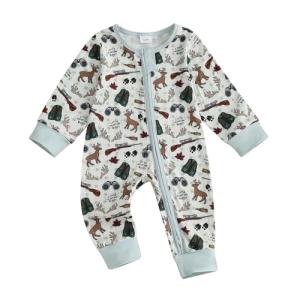Baby Girl Boy Hunting Clothes Mallard Duck Deer Romper Zipper Jumpsuit Retro Bodysuit Newborn Going Home Outfit Fall (Green, 0-3 Months)