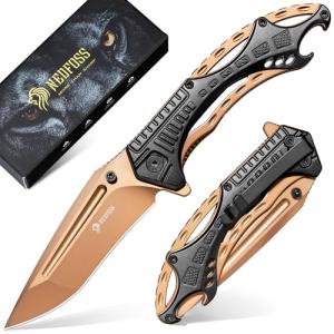 NedFoss CHEETAH Folding Pocket Knife, Premium Gold D2 Steel Blade Survival Knife, Unique Aluminum Handle with Skeletonized Frame, Pocket Clip, Cool Pocket Knives for Men Gift