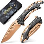 NedFoss CHEETAH Folding Pocket Knife, Premium Gold D2 Steel Blade Survival Knife, Unique Aluminum Handle with Skeletonized Frame, Pocket Clip, Cool Pocket Knives for Men Gift