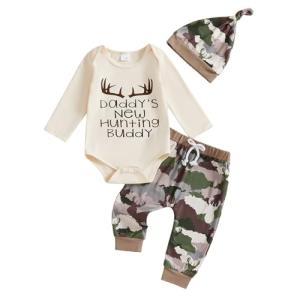 Newborn Baby Boy Hunting Clothes Long Sleeve Romper Camouflage Pant Set Beanie Hat 3 Piece Outfit (Daddys New Hunting Buddy Apricot, 0-3 Months)