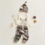Newborn Baby Boy Hunting Clothes Long Sleeve Romper Camouflage Pant Set Beanie Hat 3 Piece Outfit (Daddys New Hunting Buddy Apricot, 0-3 Months)