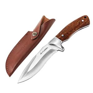 Flissa Fixed Blade Knife with Sheath, 9.8'' Full Tang Hunting Knife with High Carbon Steel Blade, Non-Slip Rose Wooden Handle, Lanyard Hole, Camping Knives for Hiking, Outdoor, Hunting, Survival, Camping