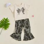 Yoawdats Toddler Baby Girl Hunting Clothes Bow Short Sleeve Tops Camouflage Pant Kids Bell Bottoms Suit Infant Summer Outfits (Khaki, 12-18 Months)
